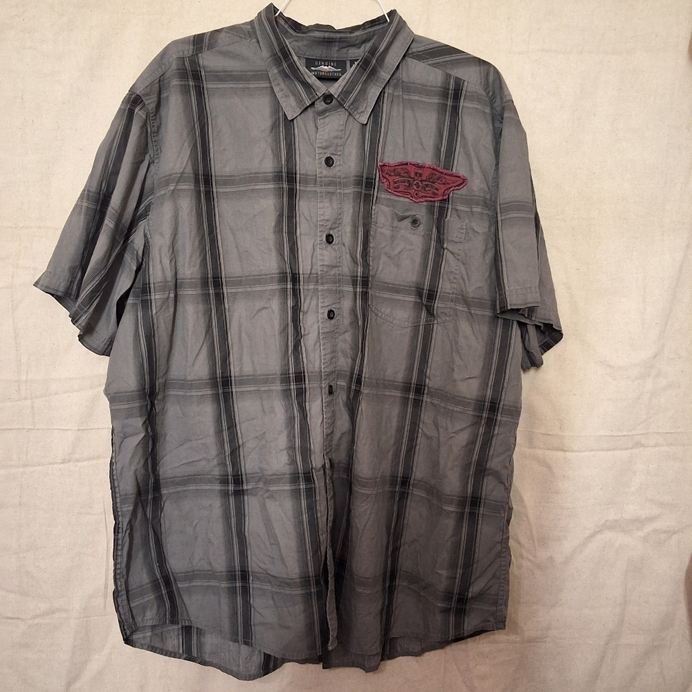 NWOT HARLEY DAVIDSON Men's Charcoal Plaid Shirt with Burgundy Detail With SKULL